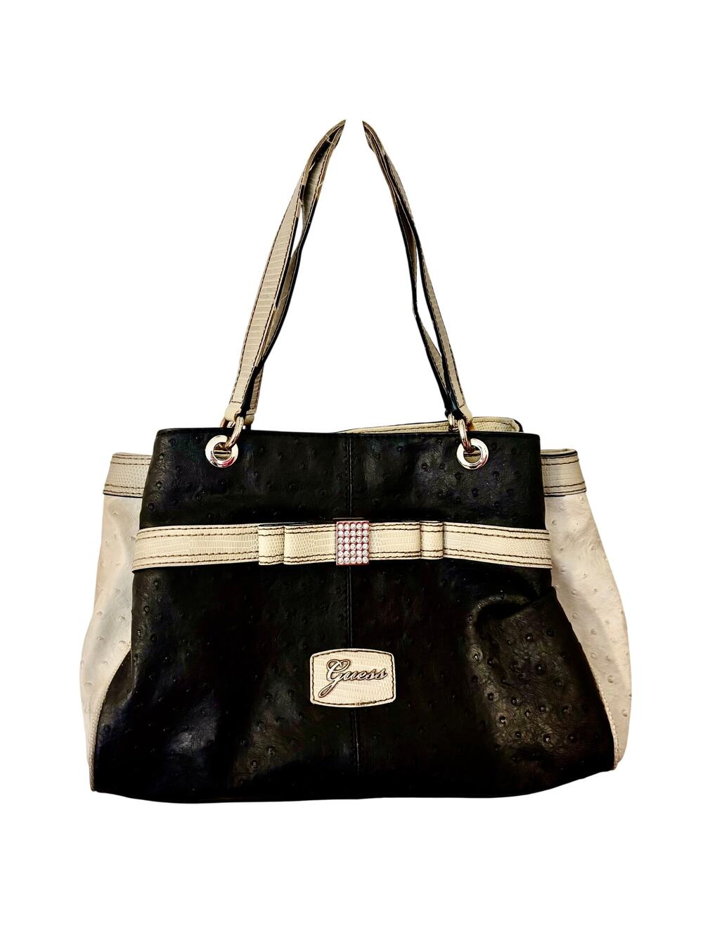 Vintage Y2K GUESS Faux Ostrich Leather Rhinestone Bow Handbag Satchel Shoulder